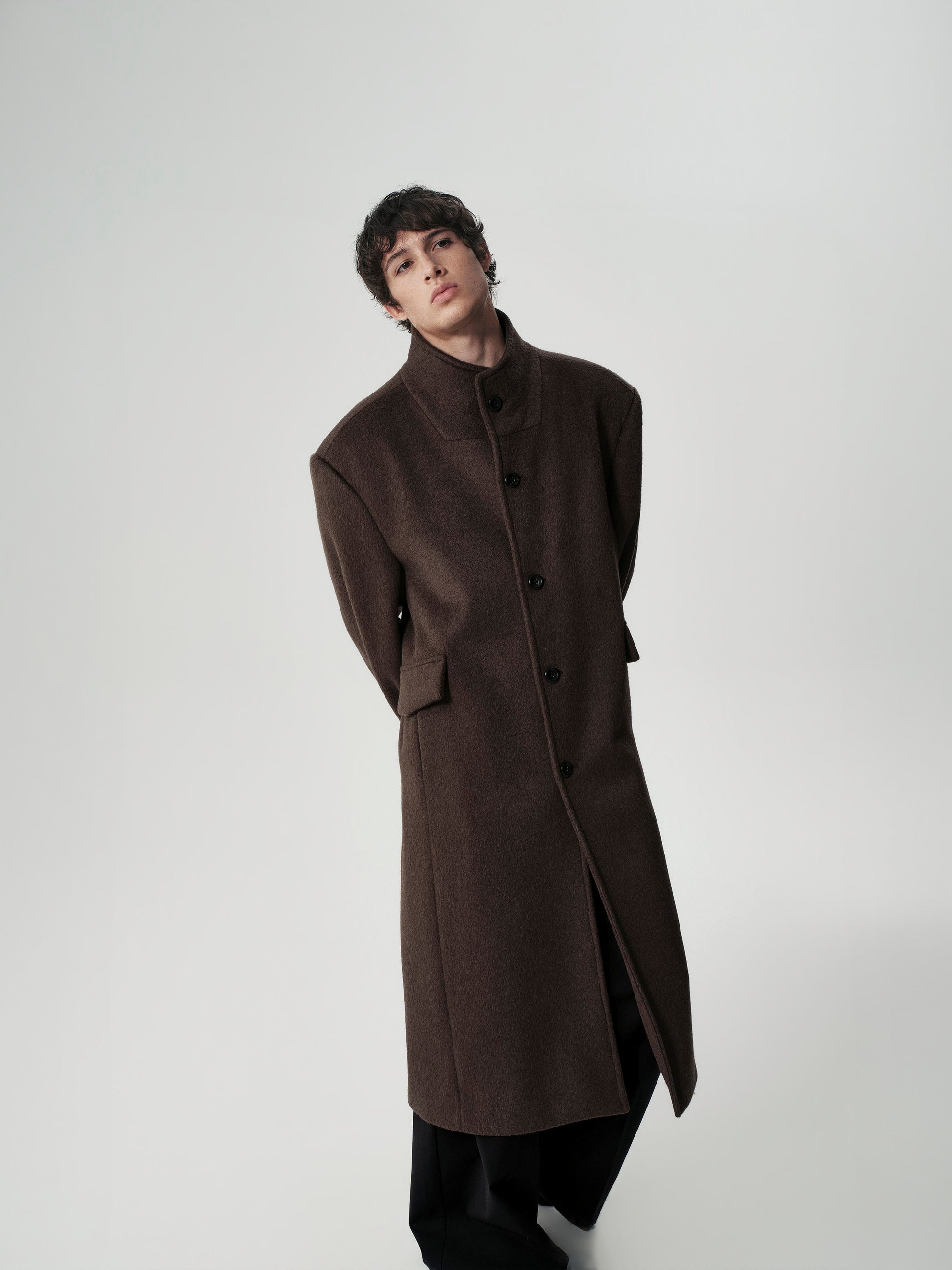 Funnel Neck Wool Coat in Dark Brown