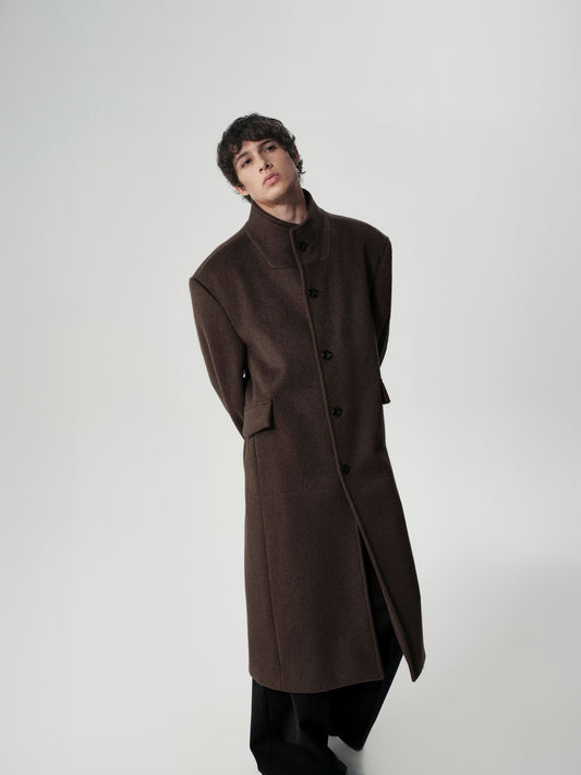 Funnel Neck Wool Coat in Dark Brown