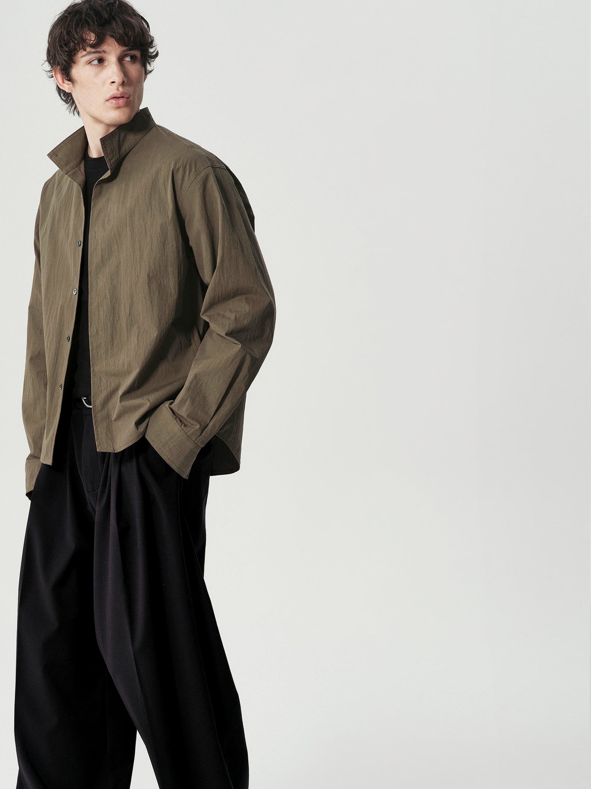 Band Collar Shirt in Light Brown